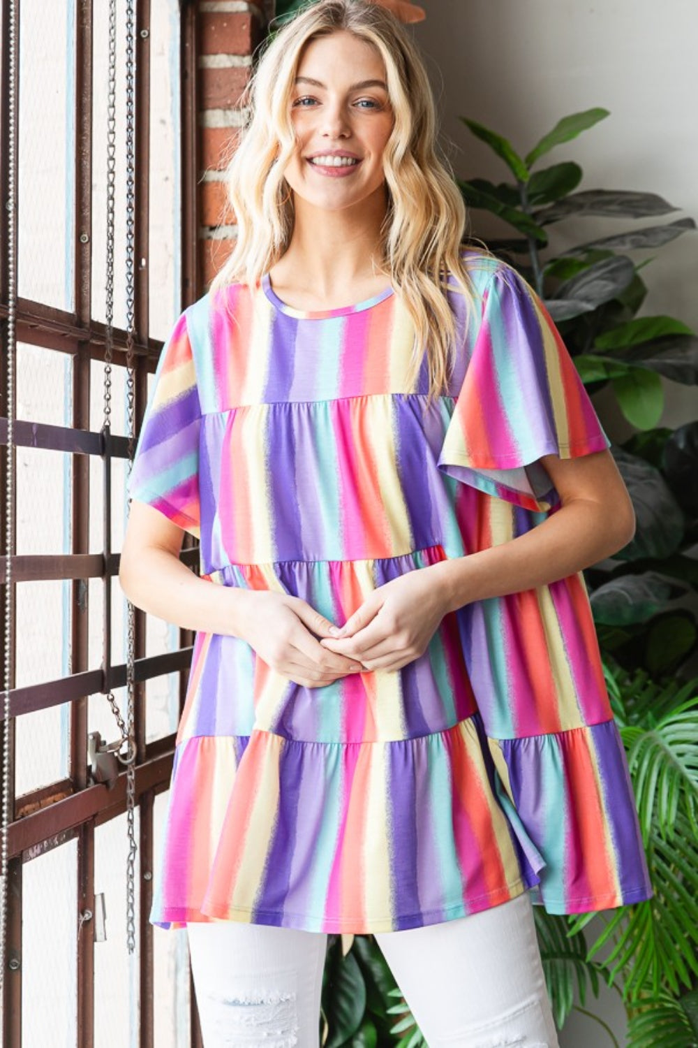 Heimish Full Size Short Sleeve Striped Tiered Top Heimish Full Size Short Sleeve Striped Tiered Top
